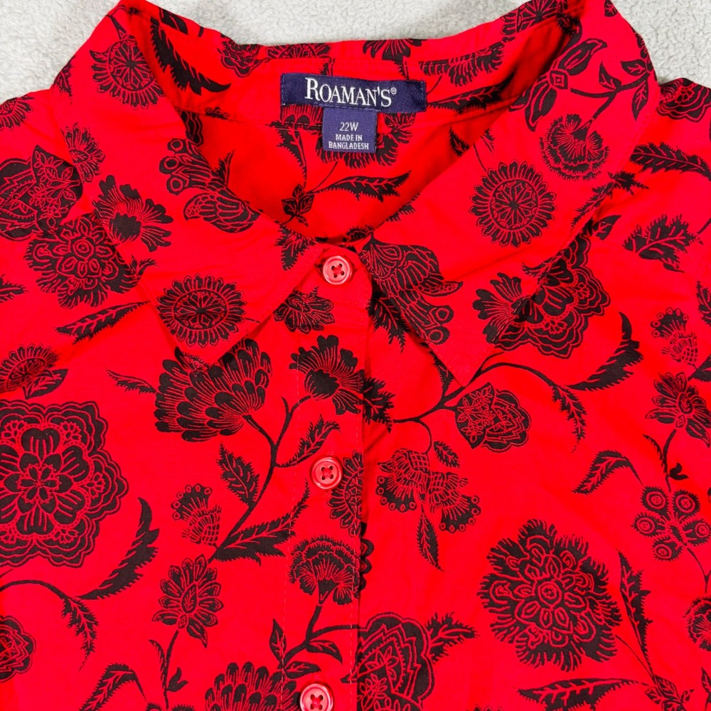 Roaman's Button Down Shirt Womens 22W Red Black Floral Long Sleeve Cotton Blend - Picture 9 of 14